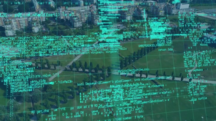 Animation of data processing over cityscape