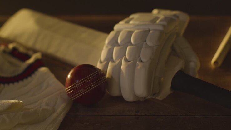 Natura morta a tema cricket con primo piano di mazza, palla, guanti, paletti, maglione e traversine adagiati su una superficie di legno nello spogliatoio 3.