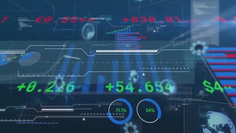 animation of interface with round scanners and statistical data processing against blue background