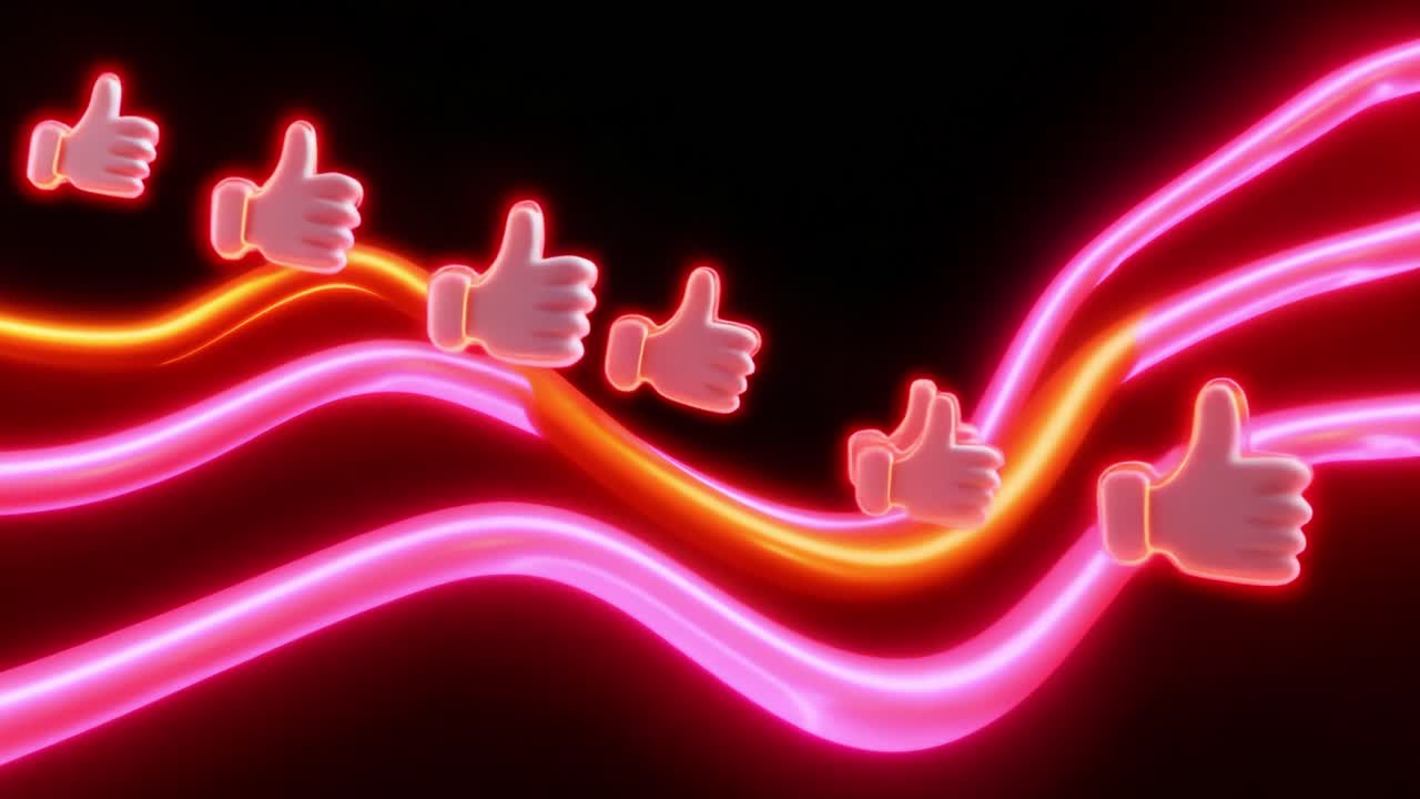 A Vibrant Display of Animated Thumbs-Up Icons Flowing Along Colorful Wavy Lines, Emphasizing Enthusiasm and Positive Reactions in a Digital Space, Backlit by Deep Black Background for Visual Impact