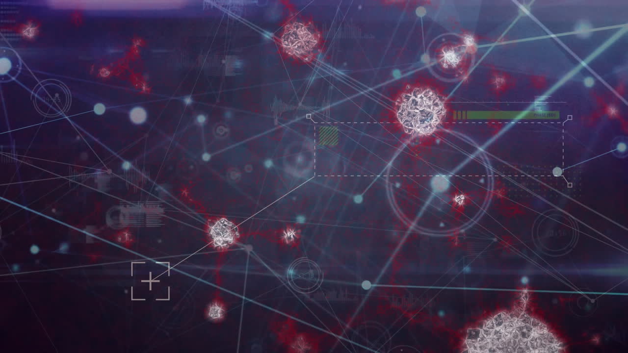 animación de la red de conexiones con manchas y células de covid 19 en fondo oscuro