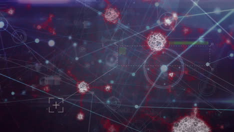 animación de la red de conexiones con manchas y células de covid 19 en fondo oscuro