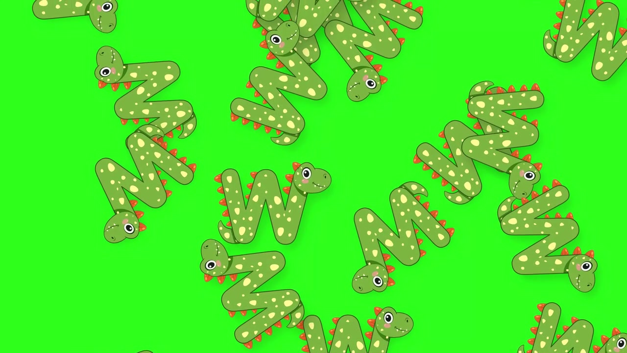 Lettere M animate a tema dinosauro verde che cadono e ruotano su uno sfondo verde brillante (green screen)