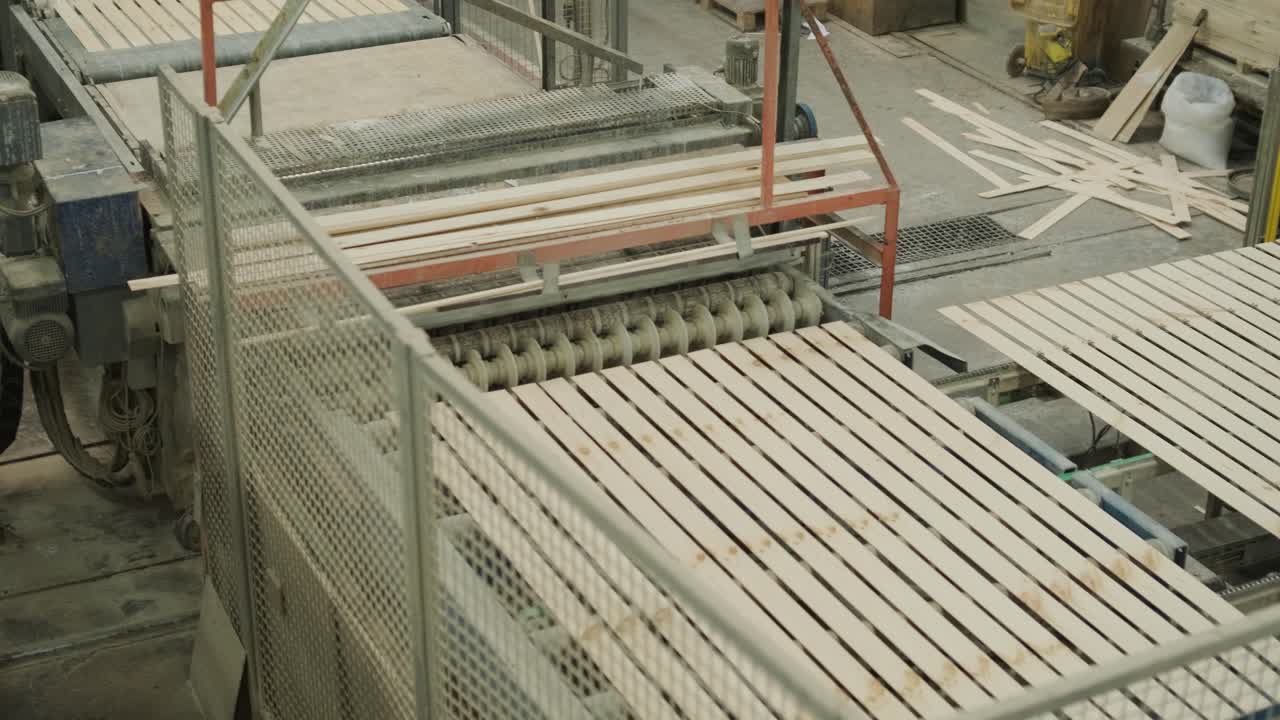 Listelli di legno che si muovono su un nastro trasportatore automatizzato in una fabbrica.