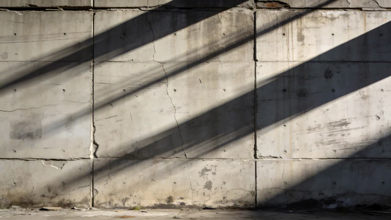 Luce solare che si sposta dalle finestre proiettando fasce diagonali attraverso una parete di cemento in garage che mostra crepe