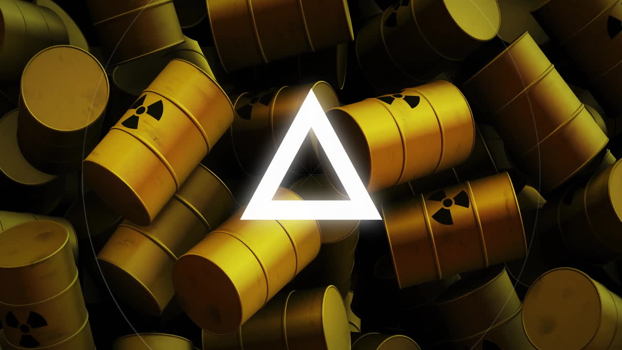 Radioactive symbol glowing over yellow barrels with hazard signs in animation