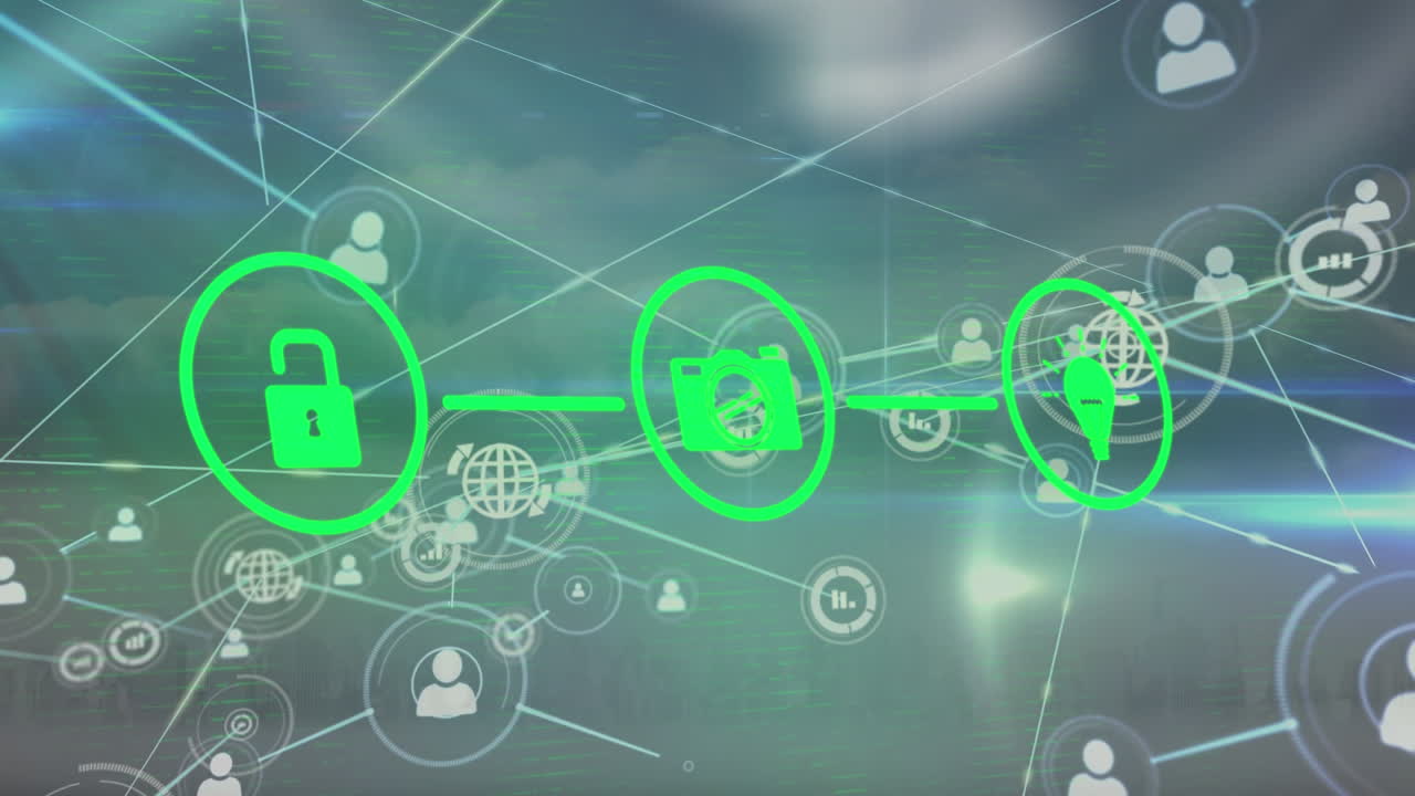 animación de conexiones a través de iconos tecnológicos y nubes