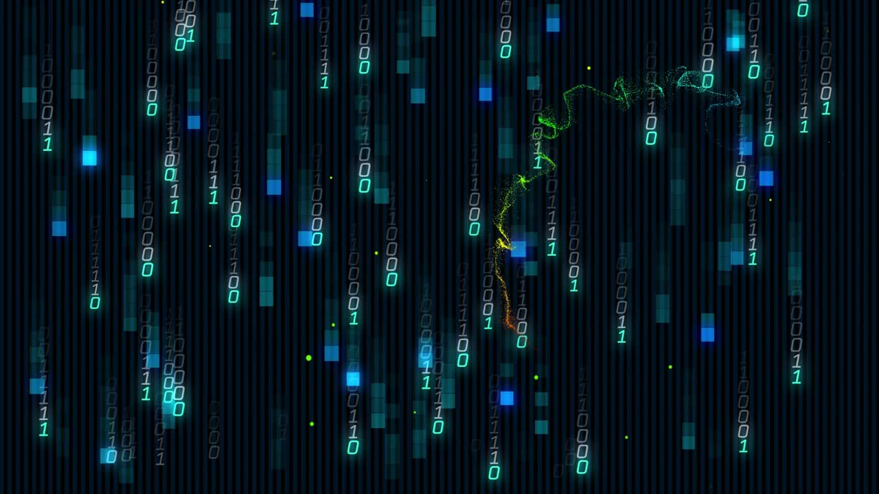 Top teal bands starting and forming binary curtain, neon waveform snaking right showing data flow