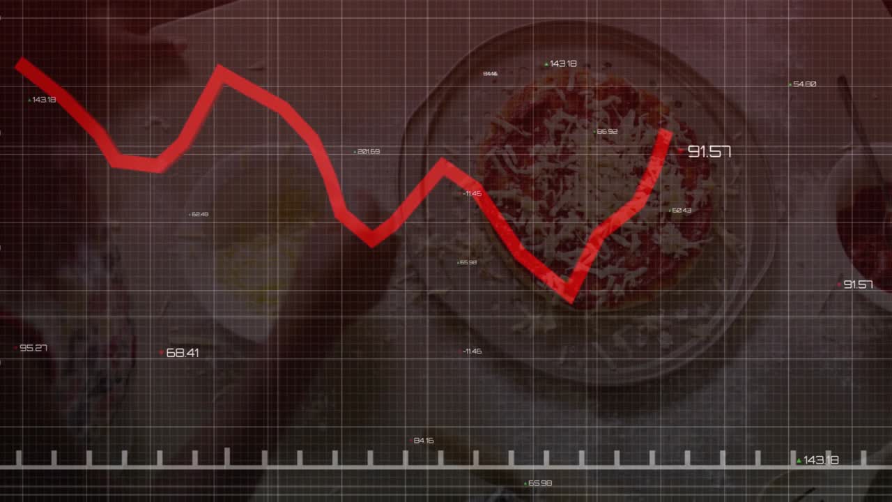 Sovrapposizione tecnologica che mostra una linea di tendenza rossa in calo, guidando una ragazza che mescola ingredienti sotto una griglia tenue.