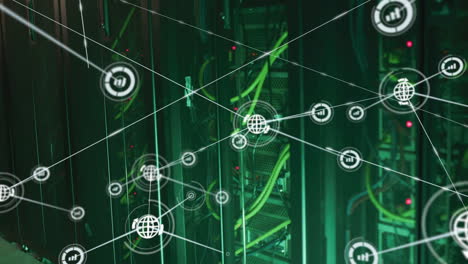 network of connections and data processing animation over server racks