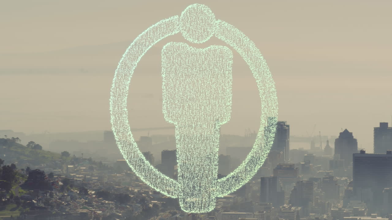 산과 도시의 공중 전망 위에서 남성 화장실 아이콘을 형성하는 점의 애니메이션