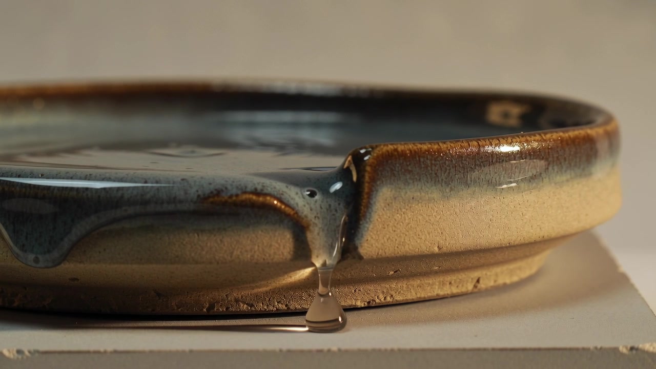 Reaching rim, clear liquid in glazed dish forming neck on white pedestal, pinching off and dropping