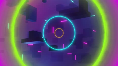 animación de cubos 3d con círculos de colores y fondo púrpura