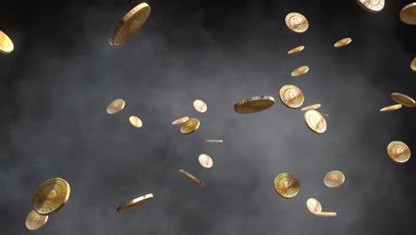 Gold-bitcoins-spinning-and-falling-on-grey-fog,-cloud,-on-black-background,-3d-animation