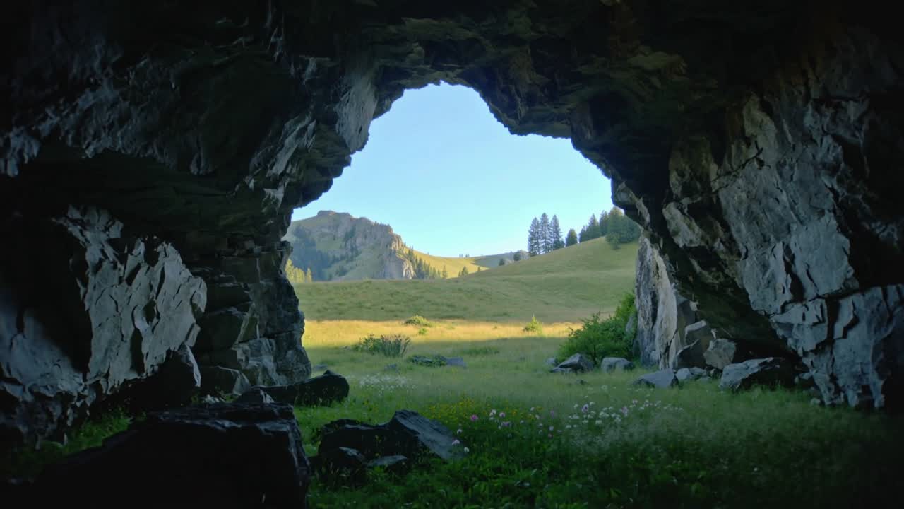 Bewegte Kamera von dunklem Höhlenbogen enthüllt sonnenbeschienene Wiese, Grat, Wildblumen, zeigt weite Aussicht.