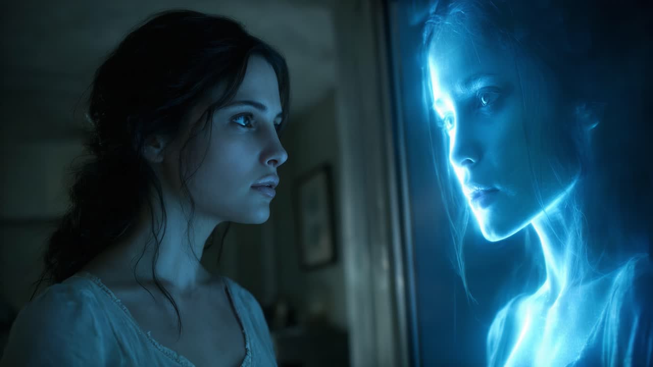A Haunting Encounter: A Woman Stares into a Mysterious Reflection of a Ghostly Figure, Exploring Themes of Reality, Memory, and the Supernatural