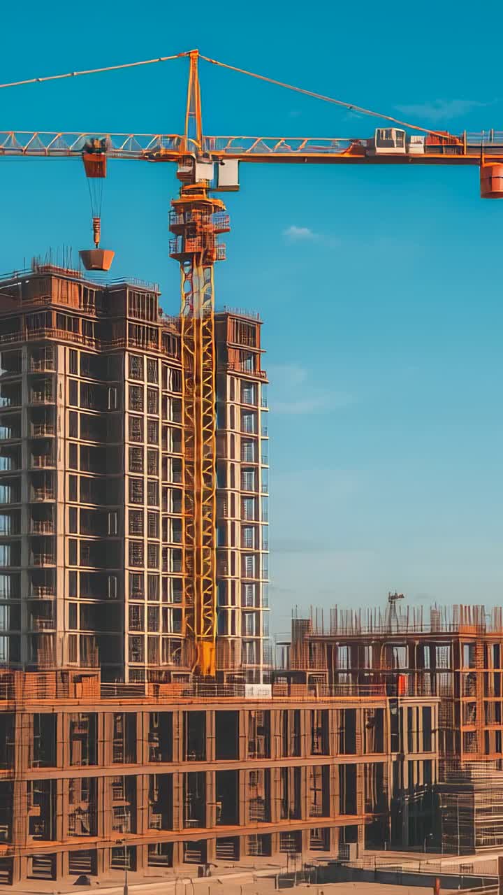 Vertical video: Jib rotating crane lowering bucket, filling load, placing in frame at building site