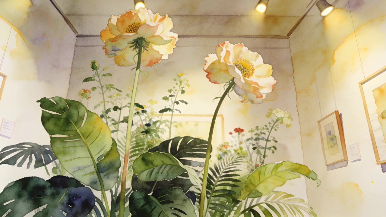 Câmera recuando e inclinando para cima em pequena galeria, revelando flores de papoula pêssego e luzes