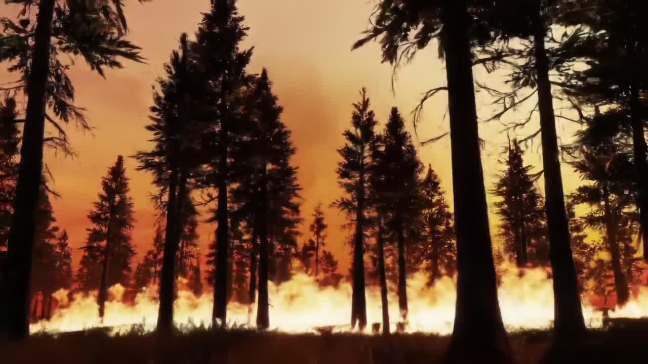 A dramatic scene unfolds as a fierce wildfire engulfs a forest, illuminating the sky with vibrant orange hues and sending plumes of smoke into the atmosphere
