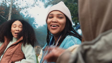 Camping,-conversation-and-girl-friends-talking