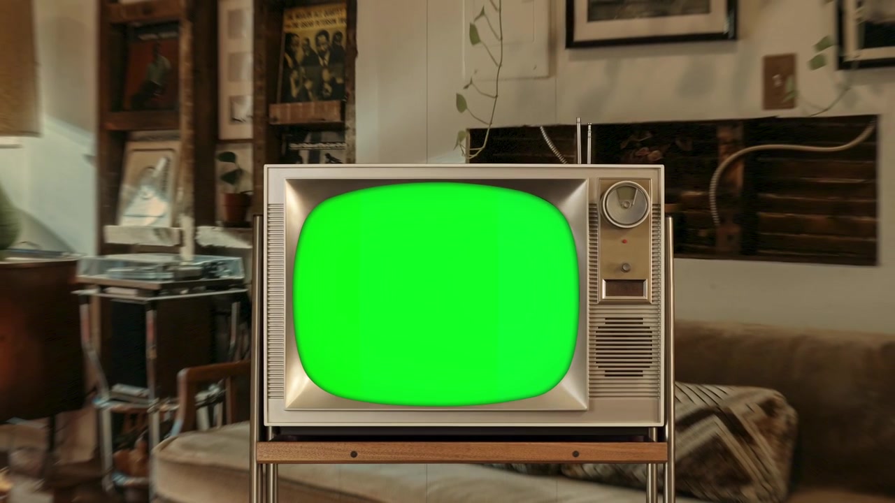 Televisore vintage con schermo verde luminoso in un salotto caldo ed elegante.
