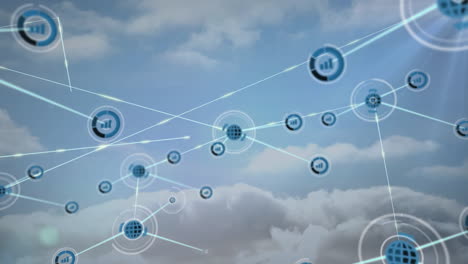 animation of network of connections with icons over clouds