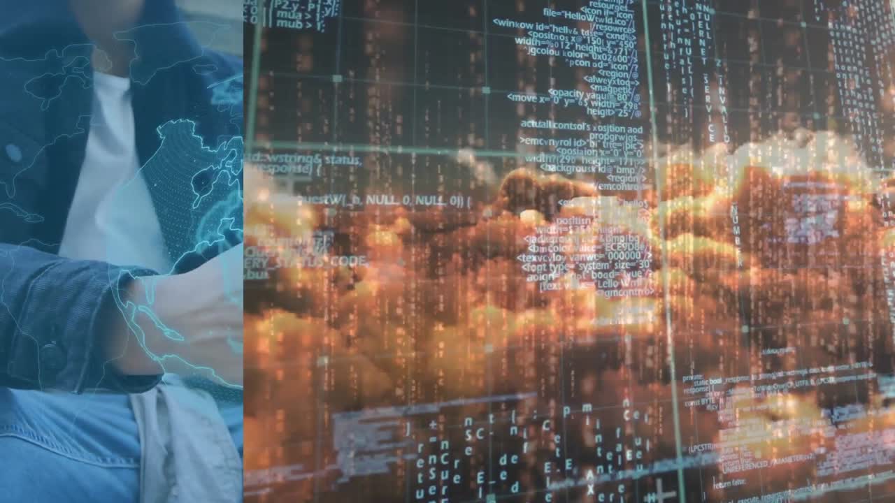 animación de procesamiento de datos y nubes sobre un hombre biracial usando un teléfono inteligente