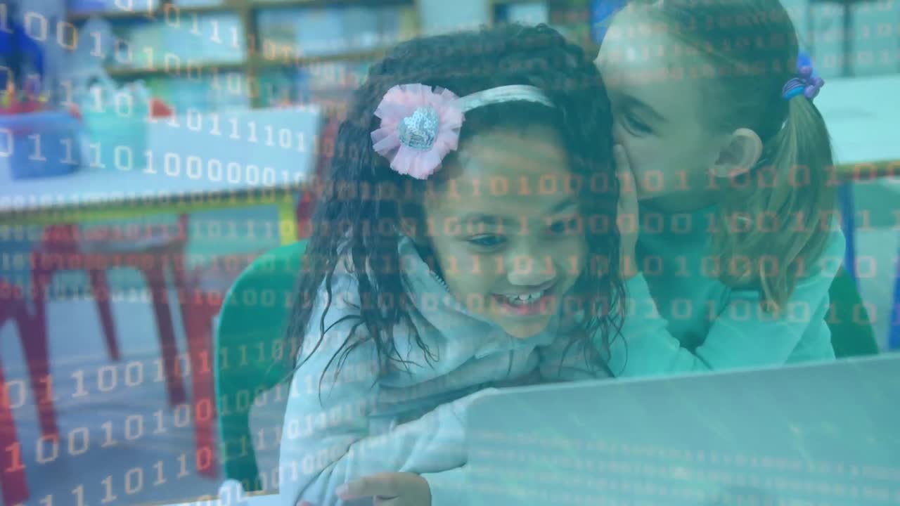 animación de codificación binaria sobre niños de escuela usando computadoras portátiles y estudiando