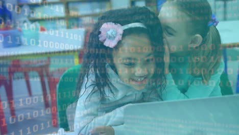 animation of binary coding over school kids using laptops and studying