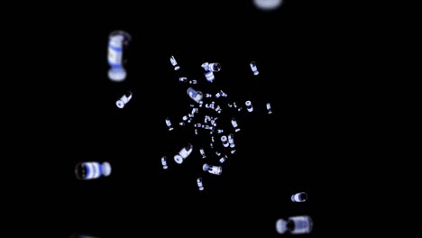 flying many vaccine bottles on black background. medical concept. virus cure. transparent liquid. 3d loop animation of vaccines.