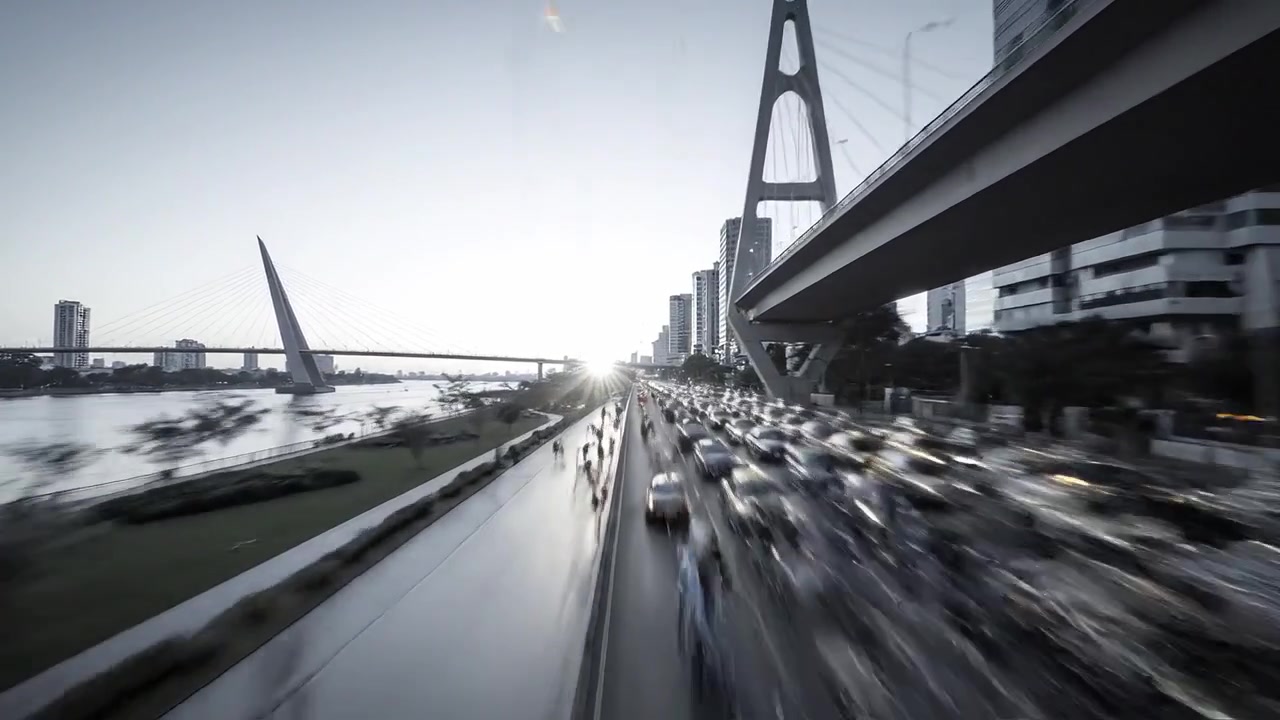 Urban commuting scene featuring a bridge, river, and cityscape, emphasizing the contrasts of nature with cherry blossoms against a bustling metropolitan backdrop.