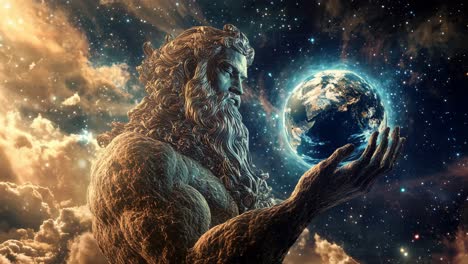titan holding earth in the cosmos