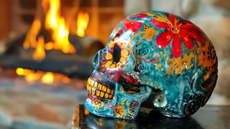 a colorful skull sitting on top of a table next to a fireplace