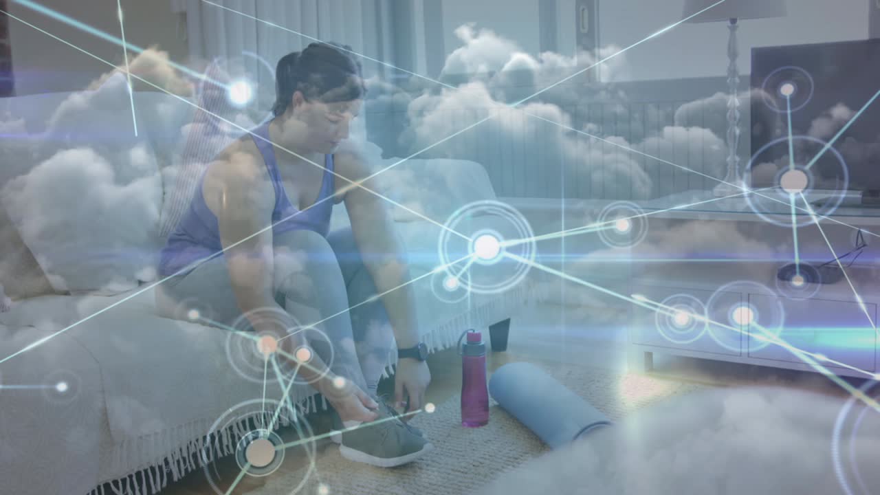 animación de una red de conexiones sobre una mujer atando cordones de zapatos y nubes