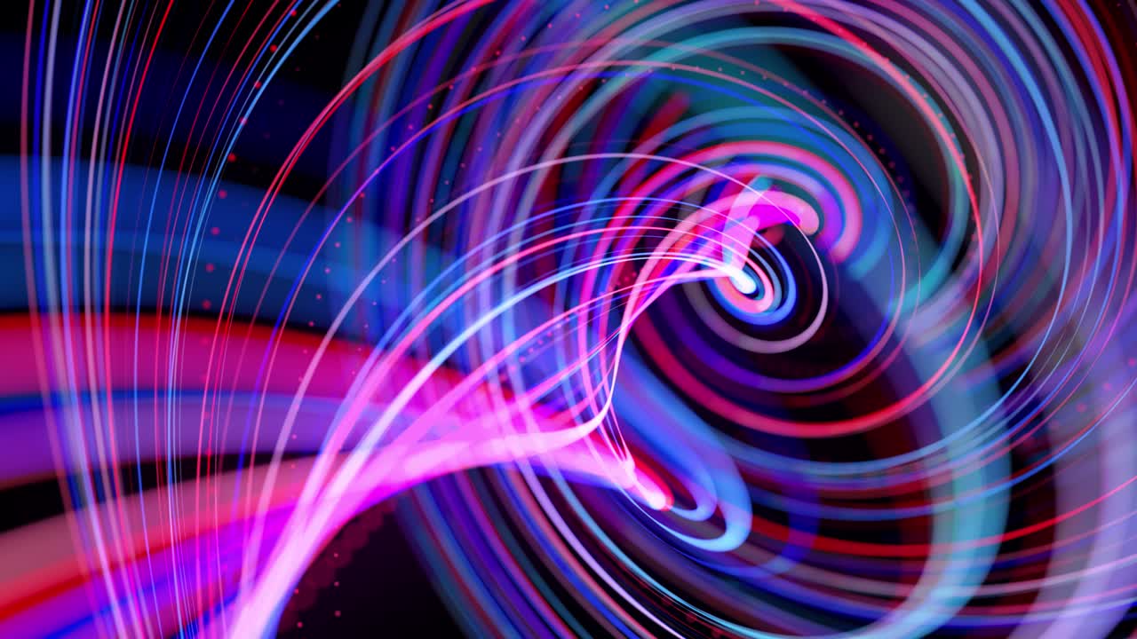Light flow bg in 4k. Abstract looped background with light trails, stream of red blue neon lines in space move to form looped spiral shapes. Modern trendy motion design background.