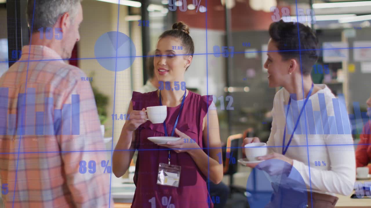 사무실에서 커피를 마시면서 토론하는 다양한 동료들과의 데이터 처리 애니메이션