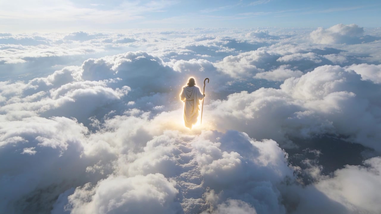 Walking robed figure advancing along cloud path following rising golden glow, holding curved staff