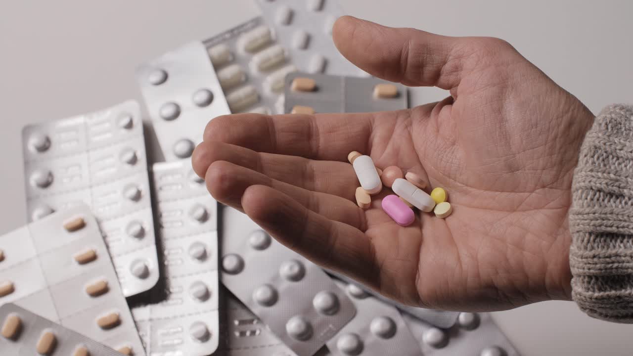 Different kinds pills in men's palm.