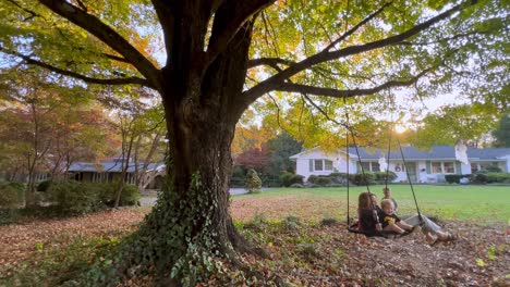 sugar maple with autumn leaves as family swings on rope swing