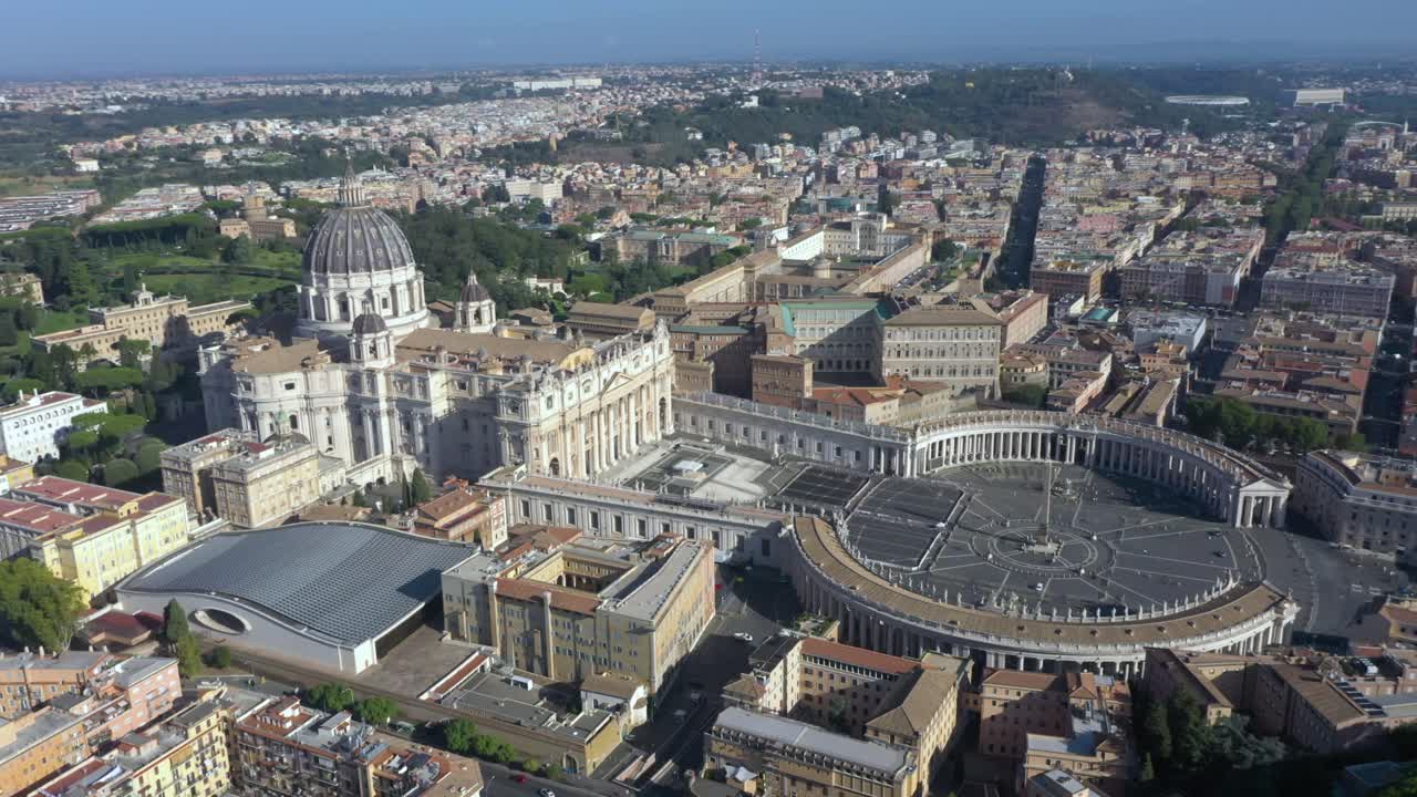 Drone flying above the Vatican captures St. Peter’s Basilica, its majestic dome, and Piazza San Pietro in breathtaking aerial detail