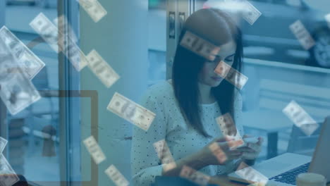 animation of padlock and banknotes over caucasian woman using smartphone