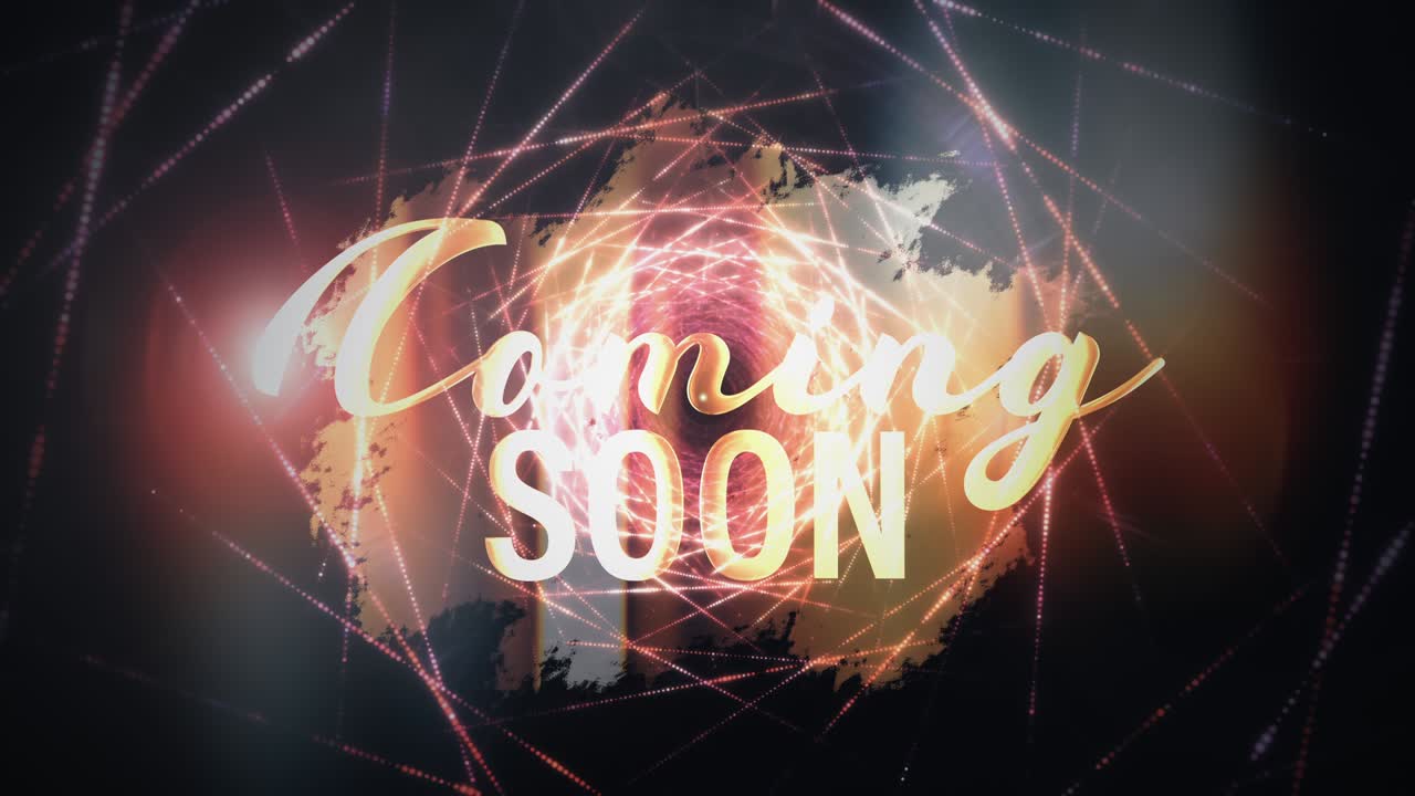 Coming Soon Cinematic Trailer Title Loop. 4K 3D render seamless loop futuristic cinematic title of Golden Coming Soon text with beautiful gold hi-tech flare light tunnel banner campaign background.
