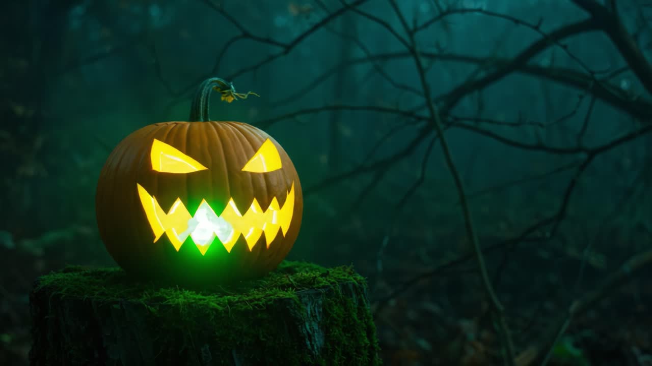 Eerie Halloween Pumpkin Glows in the Foggy Forest at Night, Featuring Jagged, Menacing Smile and Fiery Luminescence, Perfect for Spooky Seasonal Decorations