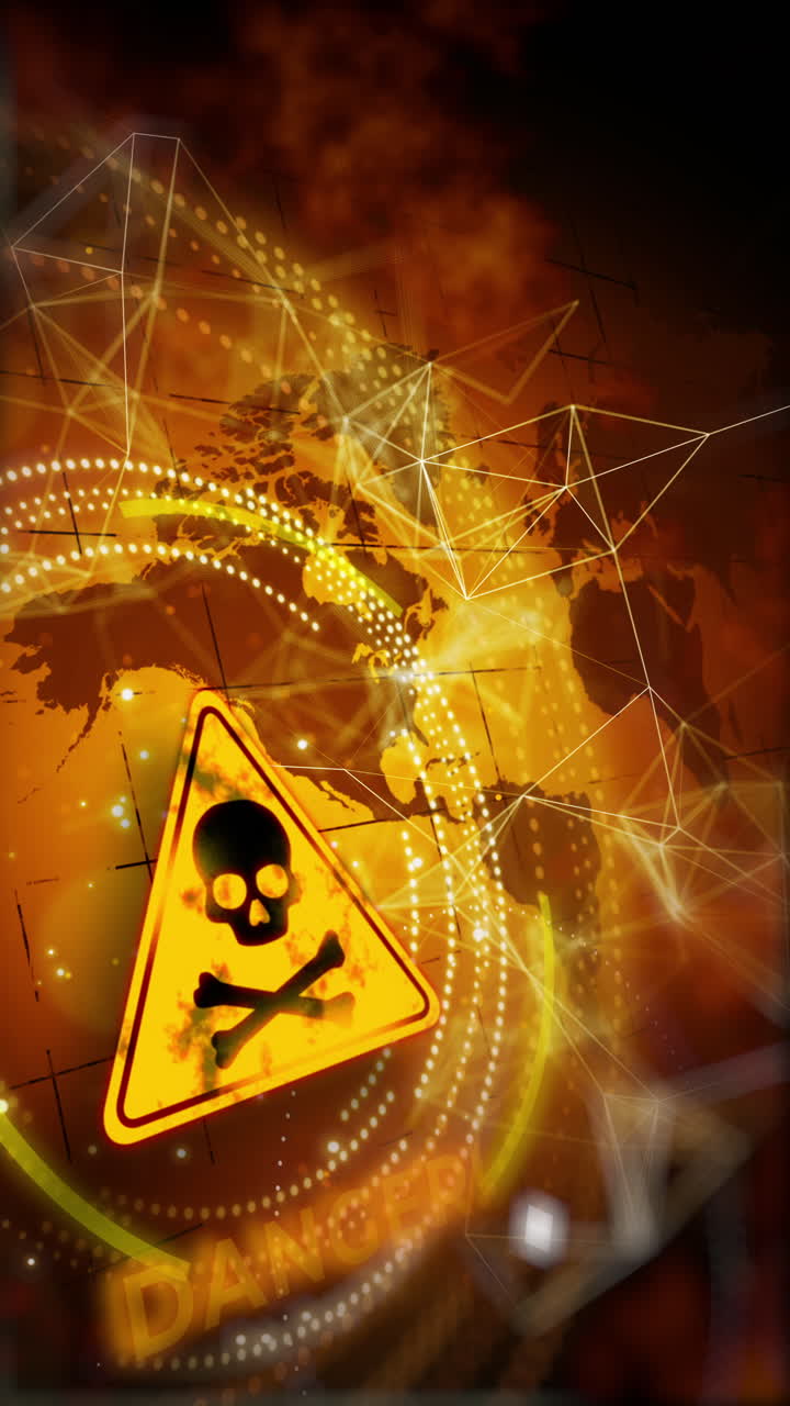 Animation warning round yellow sign with skull. Abstract looped danger background. Geometric figures of points and lines. Vertical video.
