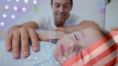 animación de la bandera de los estados unidos ondeando sobre un padre caucásico feliz mirando a un bebé durmiendo
