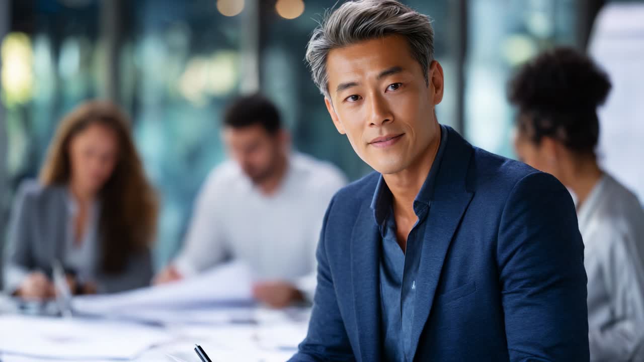 Engaging Business Meeting with Focused Professional Discussing Ideas and Strategies in a Modern Office Setting with Colleagues Collaborating in the Background