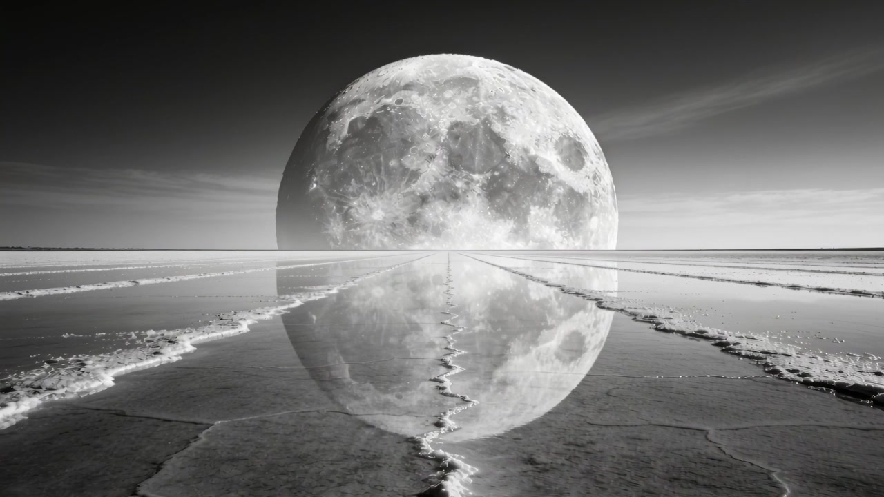 Opening frame showing giant full moon sitting on horizon, reflecting on calm cracked salt flat