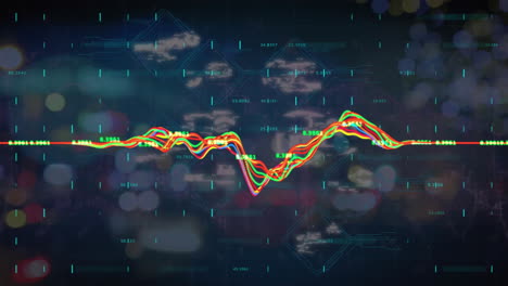 animación de procesamiento de datos e íconos sobre luces de la ciudad y fondo oscuro