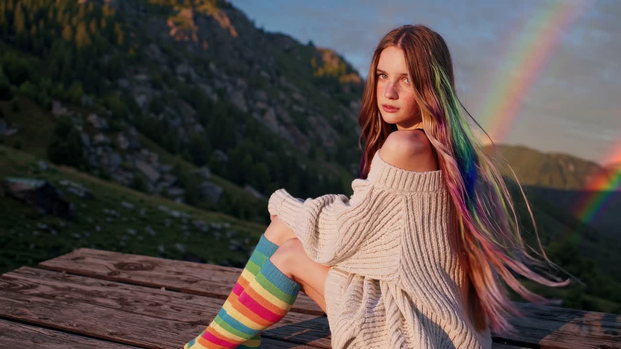 Sitting on a wooden platform, a young woman with colorful hair highlights and matching rainbow socks enjoys a stunning mountain view under a warm sunset and double rainbow