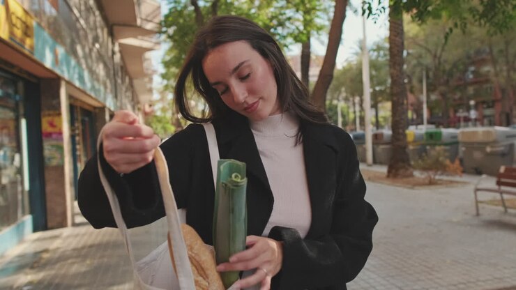 Donna per strada con una borsa della spesa